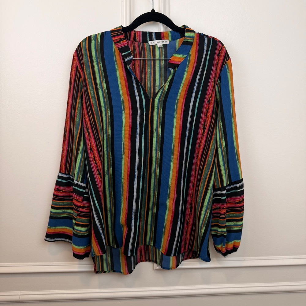 Notations Womens XL Multi Color Vertical Stripe Bell Sleeve V-Neck Blouse Top